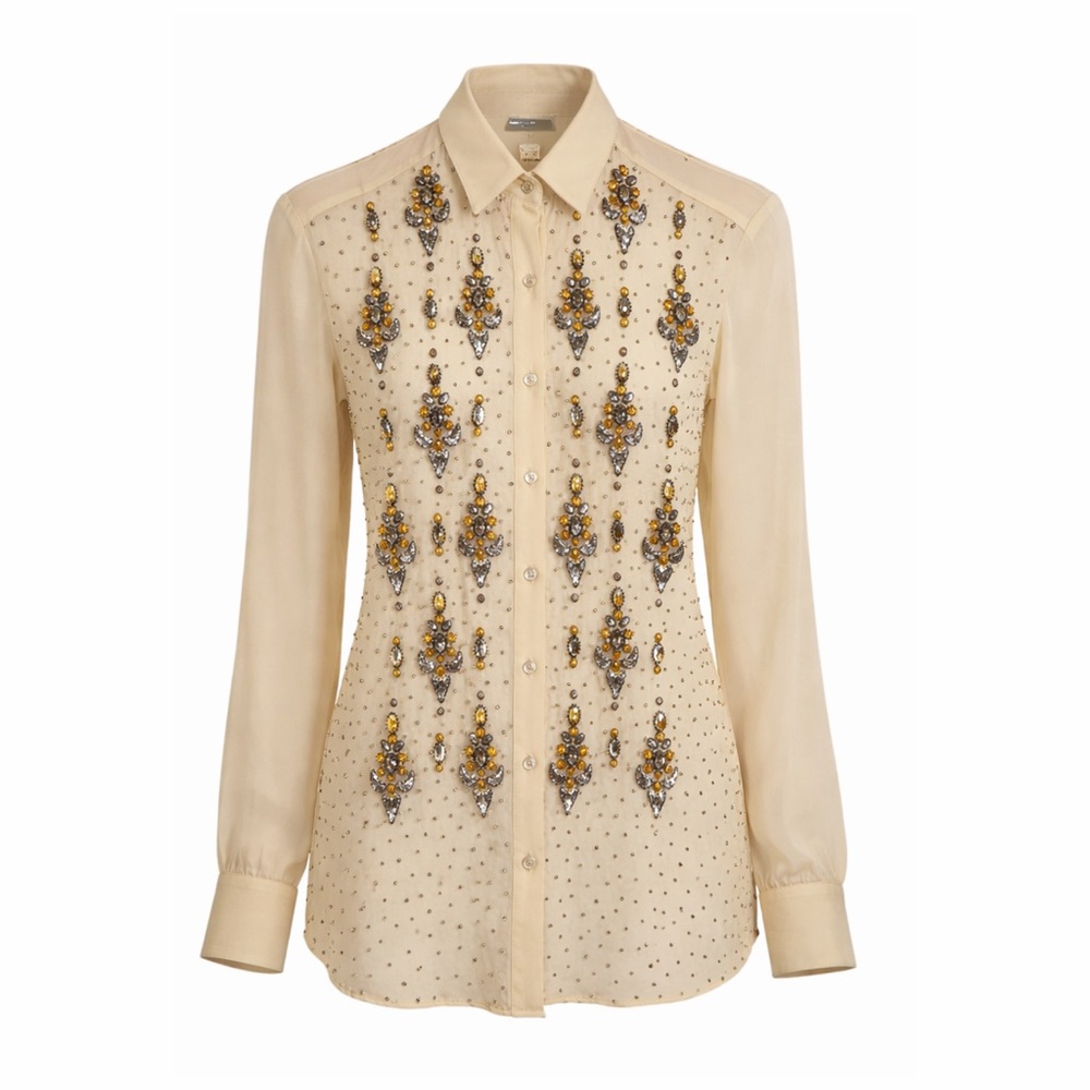 Dries Van Noten Tan Blouse Silk Beaded Embellished 10 Cocktail Party Fancy 🟡 - Picture 3 of 16